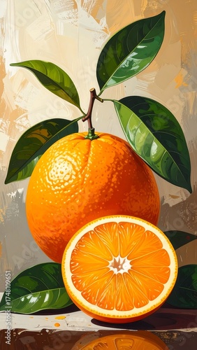 Still life painting of an orange and a slice.  A vibrant orange fruit, whole and sliced, rests on a textured surface with lush green leaves.  Brushstrokes and textures create a painterly effect