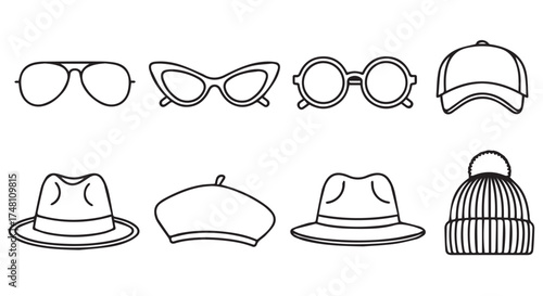 Collection of various headwear and eyewear accessories, isolated on transparent background