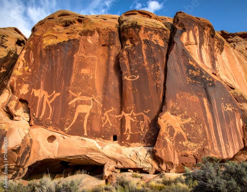 Ancient petroglyphs etched into sandstone cliff face