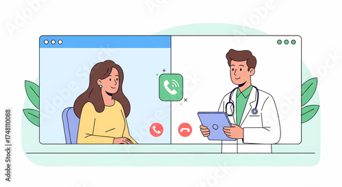 A modern illustration of a virtual medical consultation featuring a female patient communicating with a male doctor through a video call interface, representing remote healthcare