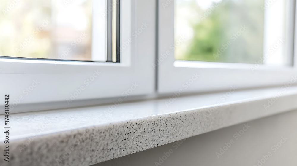 Fototapeta premium A modern window with a textured, light-colored windowsill. Natural light streams through the panes, blurring the outdoor scenery.