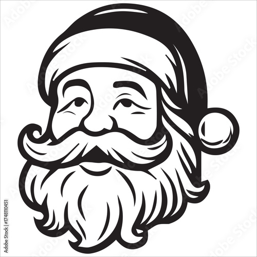 a jolly santa claus mascot logo vector illustration line art,Cheerful Santa Claus Head Cartoon Black and White Line Art Illustration Festive Holiday Season,