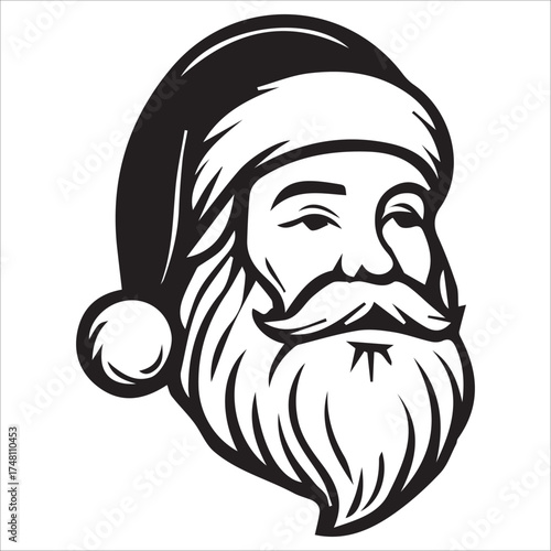 a jolly santa claus mascot logo vector illustration line art,Cheerful Santa Claus Head Cartoon Black and White Line Art Illustration Festive Holiday Season,