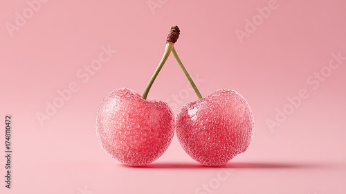 A close up studio macro photograph showcases two glistening red cherries covered in sparkling sugar crystals, connected by textured green stems, set against a plain soft pink backdrop.