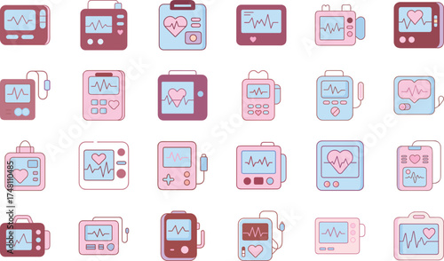 Hospital Equipment, Doctor Tools, Nurse Supplies, Medical Technology Devices, Stethoscope, Syringe, Mask, Tooth, Medicine Bottle, First Aid Kit, and Healthcare Vector Illustration on White Background