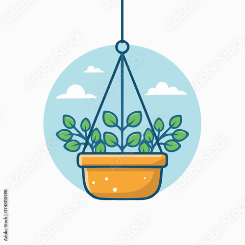 Charming depiction of a hanging planter with verdant foliage against a serene sky background