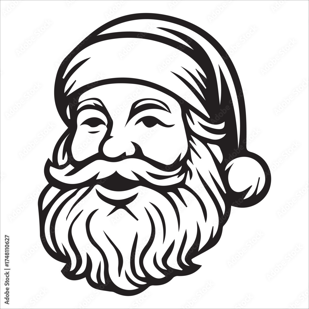 Fototapeta premium a jolly santa claus mascot logo vector illustration line art,Cheerful Santa Claus Head Cartoon Black and White Line Art Illustration Festive Holiday Season,