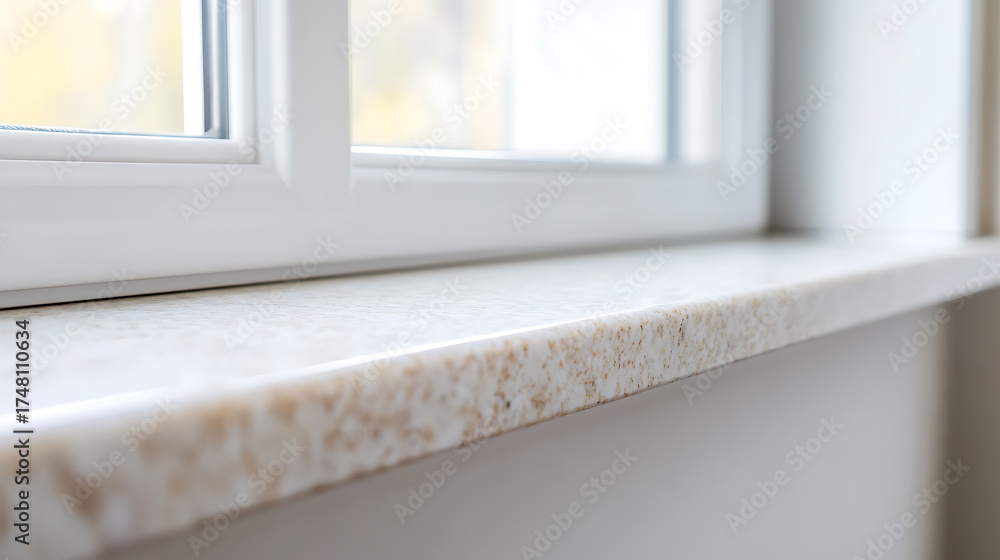 Fototapeta premium Close-up of a neutral-toned windowsill with a textured surface, framed by a crisp white window, offering soft, natural light, and subtle architectural detail.