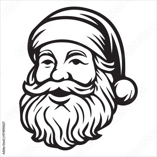 a jolly santa claus mascot logo vector illustration line art,Cheerful Santa Claus Head Cartoon Black and White Line Art Illustration Festive Holiday Season,
