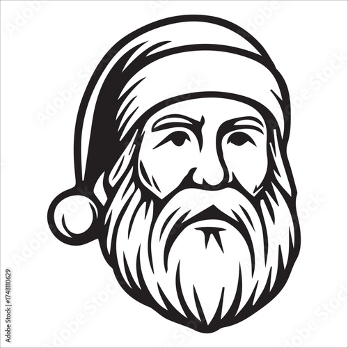 a jolly santa claus mascot logo vector illustration line art,Cheerful Santa Claus Head Cartoon Black and White Line Art Illustration Festive Holiday Season,