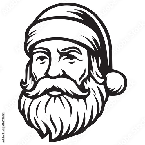 a jolly santa claus mascot logo vector illustration line art,Cheerful Santa Claus Head Cartoon Black and White Line Art Illustration Festive Holiday Season,