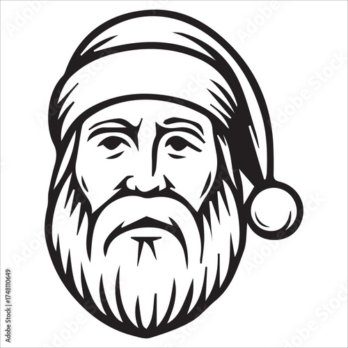a jolly santa claus mascot logo vector illustration line art,Cheerful Santa Claus Head Cartoon Black and White Line Art Illustration Festive Holiday Season,
