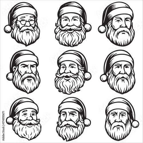a jolly santa claus mascot logo vector illustration line art,Cheerful Santa Claus Head Cartoon Black and White Line Art Illustration Festive Holiday Season,
