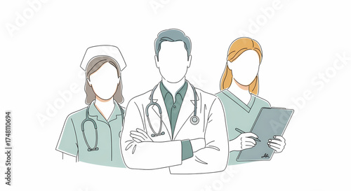 A dedicated team of diverse medical professionals, including a confident doctor and two compassionate nurses, standing together as a cohesive healthcare unit providing essential services and support