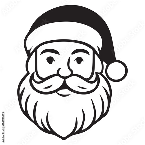 a jolly santa claus mascot logo vector illustration line art,Cheerful Santa Claus Head Cartoon Black and White Line Art Illustration Festive Holiday Season,