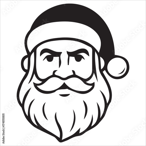 a jolly santa claus mascot logo vector illustration line art,Cheerful Santa Claus Head Cartoon Black and White Line Art Illustration Festive Holiday Season,