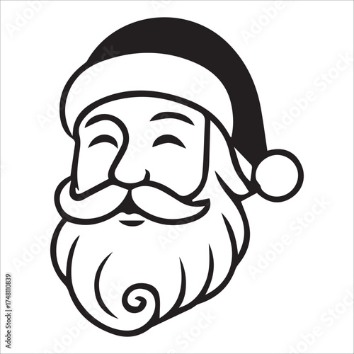 a jolly santa claus mascot logo vector illustration line art,Cheerful Santa Claus Head Cartoon Black and White Line Art Illustration Festive Holiday Season,