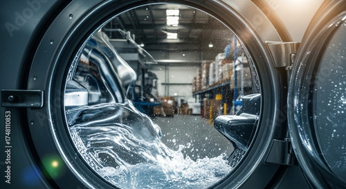 Industrial Washing Machine in Action, Water Flowing, Modern Facility