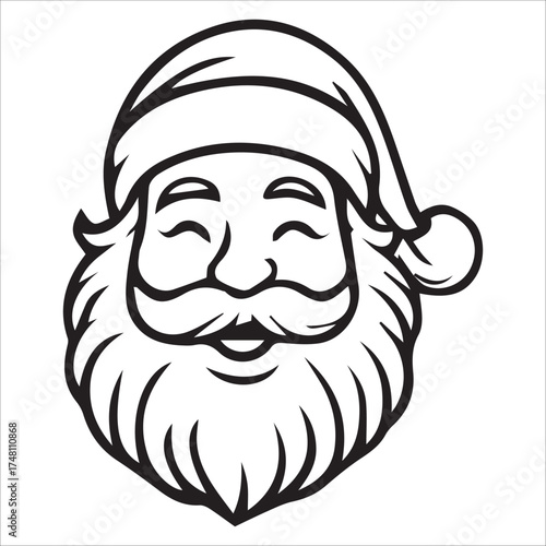 a jolly santa claus mascot logo vector illustration line art,Cheerful Santa Claus Head Cartoon Black and White Line Art Illustration Festive Holiday Season,