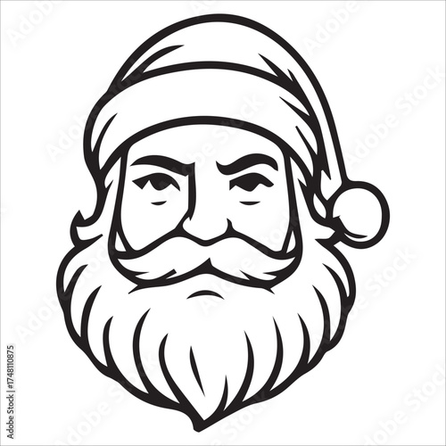 a jolly santa claus mascot logo vector illustration line art,Cheerful Santa Claus Head Cartoon Black and White Line Art Illustration Festive Holiday Season,