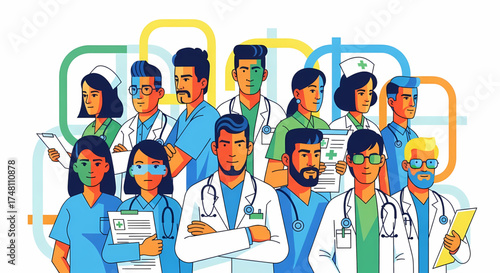 Diverse and dedicated team of medical professionals, including doctors and nurses, standing together in a vibrant, modern illustration, symbolizing unity and collaboration in contemporary healthcare