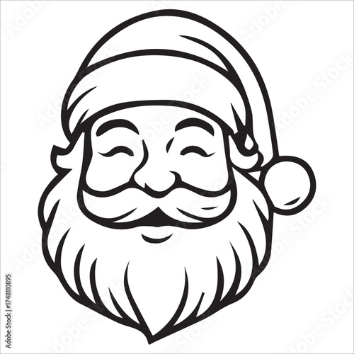 a jolly santa claus mascot logo vector illustration line art,Cheerful Santa Claus Head Cartoon Black and White Line Art Illustration Festive Holiday Season,