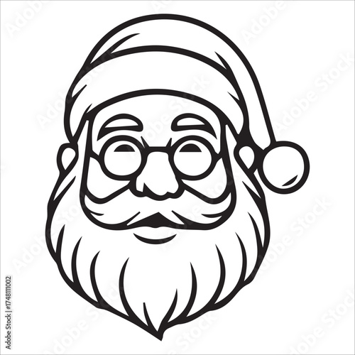 a jolly santa claus mascot logo vector illustration line art,Cheerful Santa Claus Head Cartoon Black and White Line Art Illustration Festive Holiday Season,