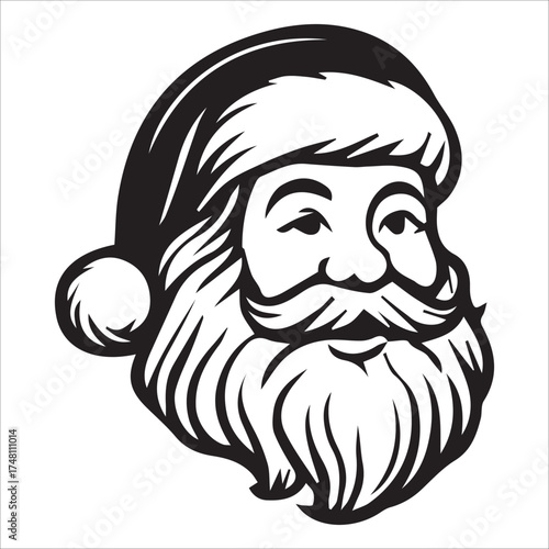 a jolly santa claus mascot logo vector illustration line art,Cheerful Santa Claus Head Cartoon Black and White Line Art Illustration Festive Holiday Season,