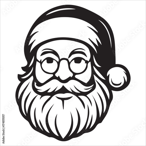a jolly santa claus mascot logo vector illustration line art,Cheerful Santa Claus Head Cartoon Black and White Line Art Illustration Festive Holiday Season,