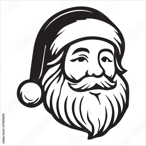a jolly santa claus mascot logo vector illustration line art,Cheerful Santa Claus Head Cartoon Black and White Line Art Illustration Festive Holiday Season,