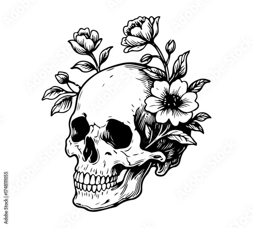 Wallpaper Mural Skull and blooming flowers. Vector engraving style illustration Torontodigital.ca