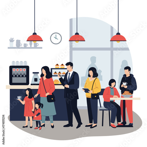 People queuing in a cafeteria waiting to order food and drinks.