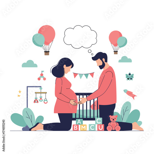 A pregnant couple standing by a crib with baby items around them.