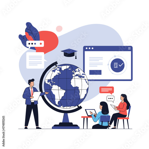 Diverse students engaged in global learning experiences facilitated by technology and teaching.