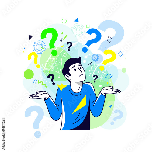 A confused person surrounded by question marks symbolizing uncertainty and doubt.