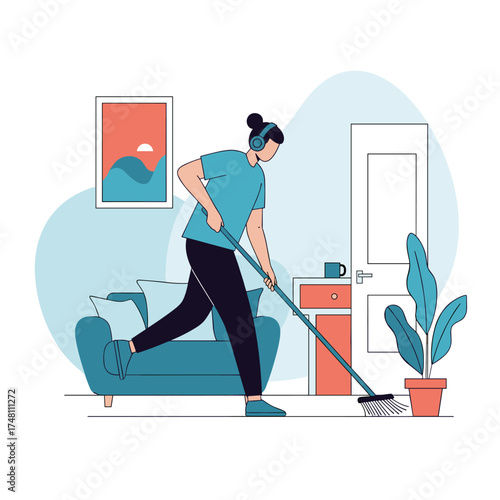 A person is sweeping the floor of a room with a broom and wearing headphones.