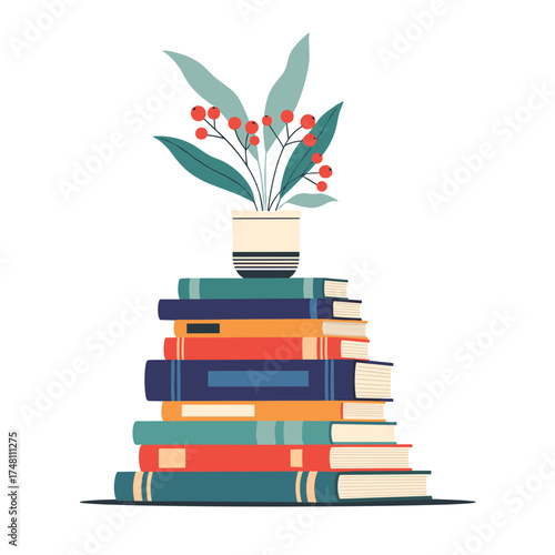 A charming stack of books with a decorative plant on top.