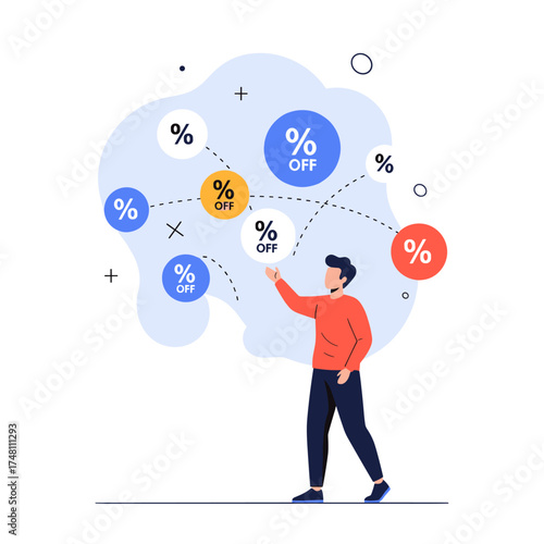 A man interacts with discount and percentage off bubbles representing savings and deals.