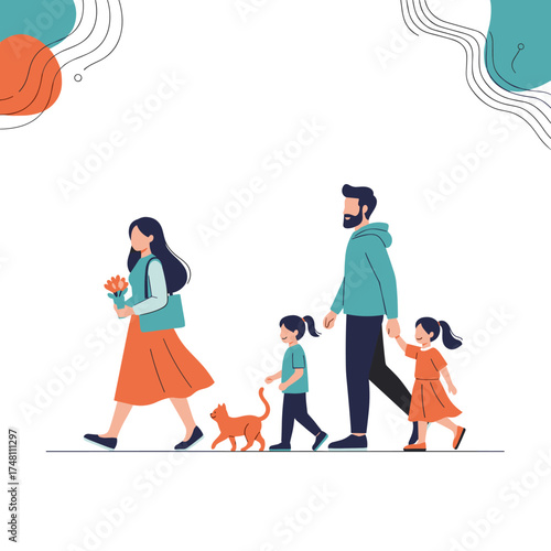 A happy family of four with their pet cat strolls together on a bright day.