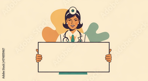Smiling female doctor in a lab coat with stethoscope holds a blank sign, perfect for important health information, medical advice, and crucial public announcements