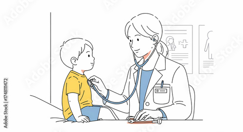 A compassionate female doctor performs a routine health examination on a young boy using a stethoscope in a clinic, highlighting essential pediatric care, child wellness