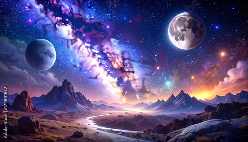 Cosmic landscape with vibrant nebula, planets, and mountains