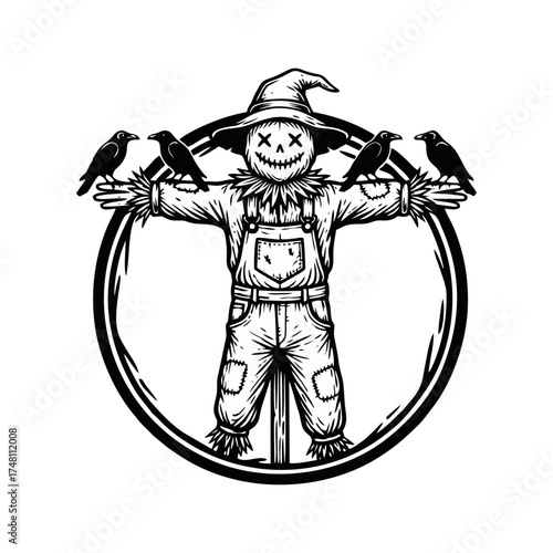 Scarecrow with Crows Vector Illustration