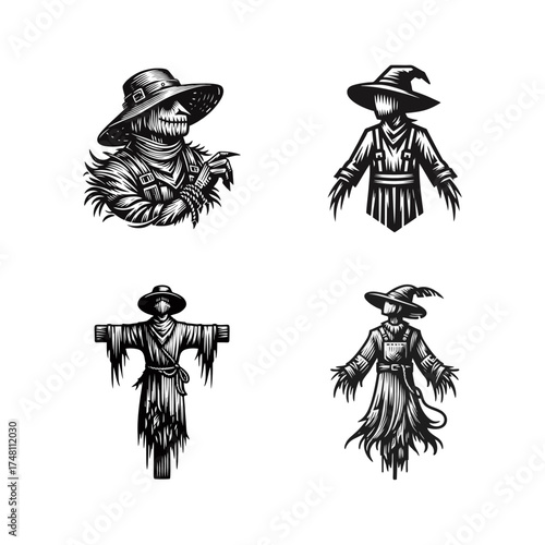 Scary Halloween Scarecrow Vector Icon Set