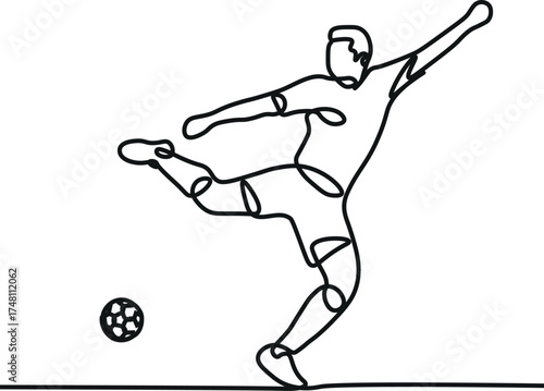 Single one line drawing football player kicking ball. Special uniform on joiner flat style. Footballer score goal. Soccer sport and team game concept. Continuous line draw design vector illustration