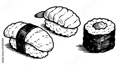 Sushi vector engraving style illustration
