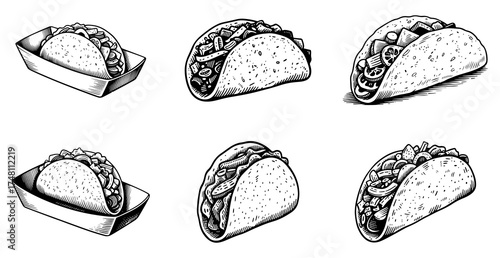 Tacos set, vector engraving style illustration