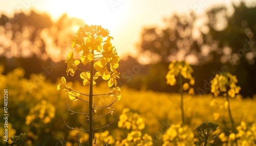 Golden canola flowers in a sunlit field at sunset