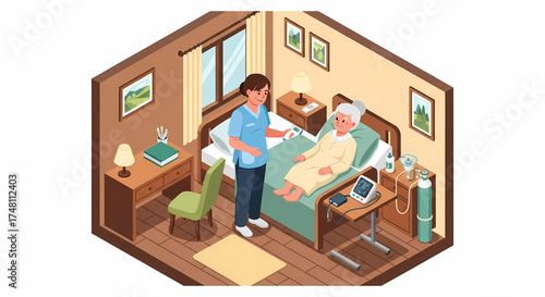 Caring healthcare professional providing dedicated medical assistance to an elderly female patient in the comfort of her home, ensuring health monitoring and compassionate support