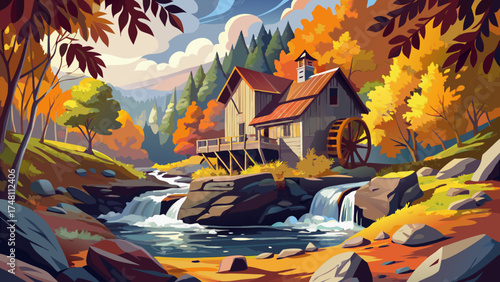 Very beautiful Babcock State Park in West Virginia, USA, featuring the iconic Glade Creek Grist Mill, vector-style landscape highlighting autumn colors, rustic charm, and serene forest surroundings